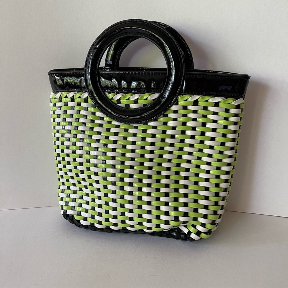 SOLID & STRIPED Black, White & Lime Woven Tote